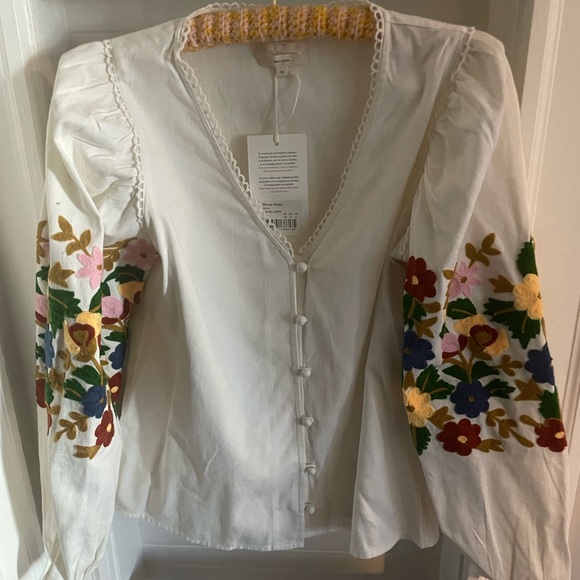 Sezane Tops - Sezane Reety White Button-Down Blouse with Multicolor Floral Embroidery